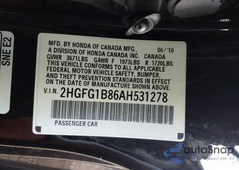 2010 Honda Civic Ex from USA, damaged, VIN 2HGFG1B86AH531278
